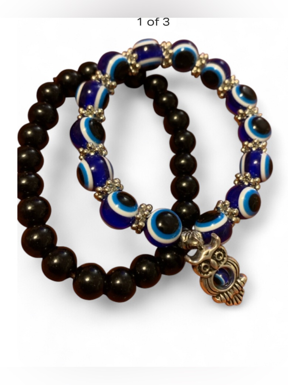 Hand Crafted Blue and Black Evil Eye Beaded Bracelet Set with Owl Charm
